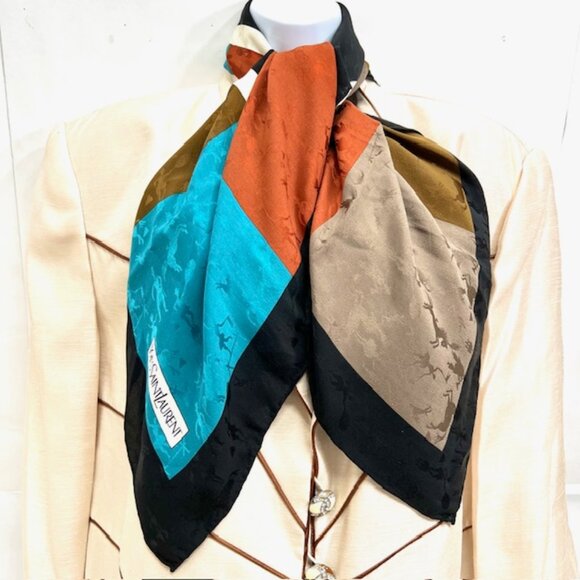 Yves Saint Laurent YSL 100% Silk Satin Scarf 34" Color Block BlackBrown Blue (76 - Picture 13 of 16